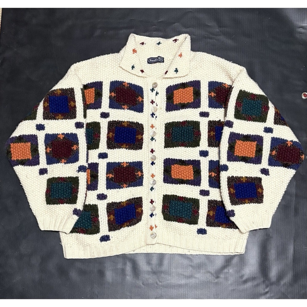 Rad 60s 70s Vintage Harold's Wool Boho Geometric Button Cardigan Sweater Mens XL